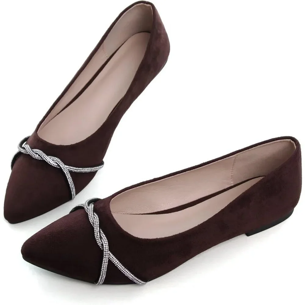 Women's Brown Rhinestone Casual Flats Fashion Chain Pointed Toe Ballet Flat
